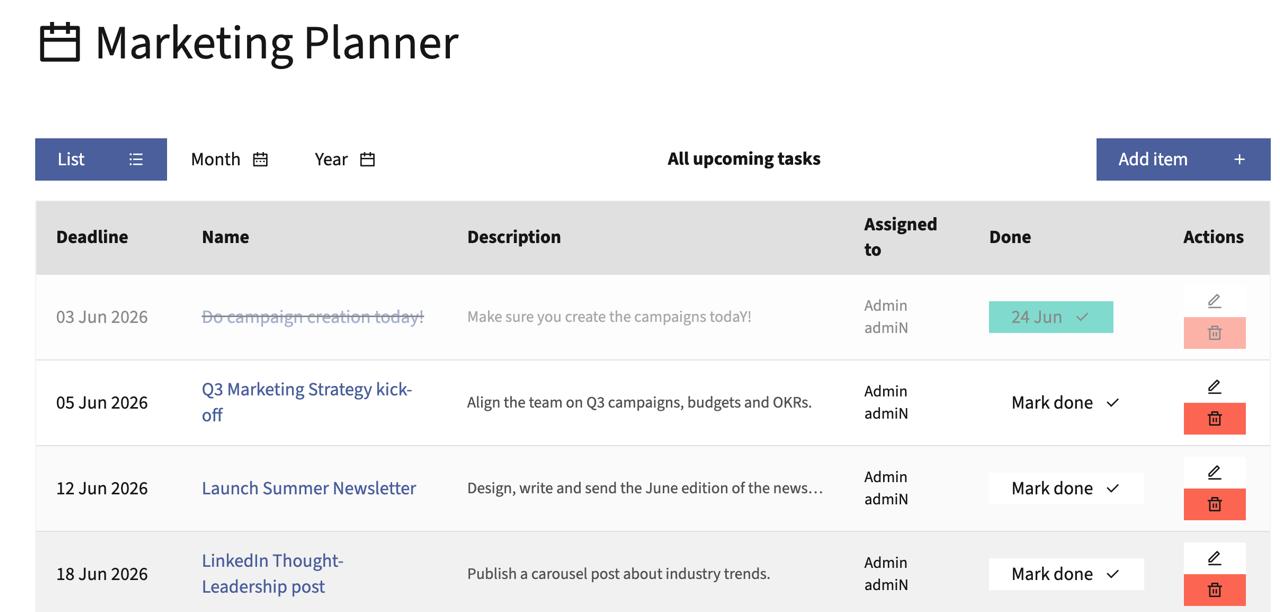 Screenshot of the Mautic Marketing Planner plugin showing a task list with deadlines, task names, descriptions, assigned users, and done status
