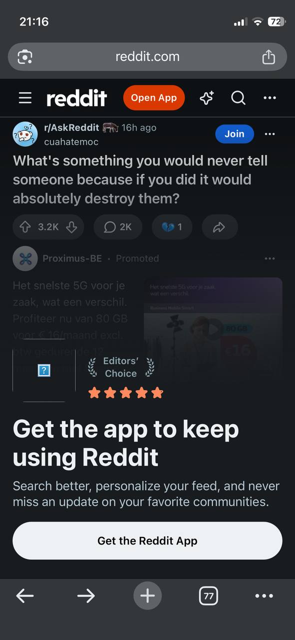 Reddit mobile web showing a non-dismissable full-page popup: 'Get the app to keep using Reddit', with Get the Reddit App button blocking all content