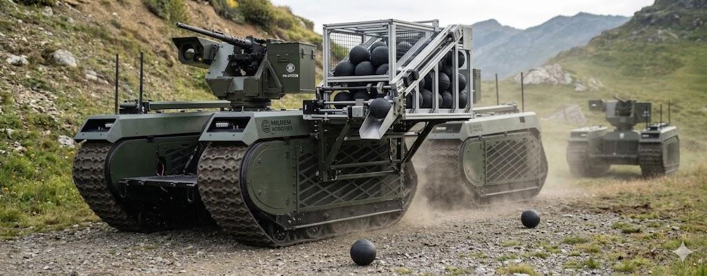 Milrem Robotics THeMIS unmanned ground vehicle deploying sensor spheres from a cage-mounted dispenser in a mountain terrain, with a second armed UGV in the background