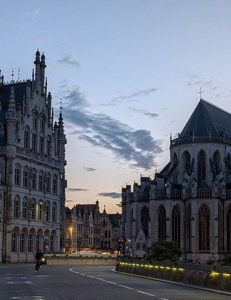 Leuven city centre at dusk - stadhuis and Saint Peter's Church at sunset