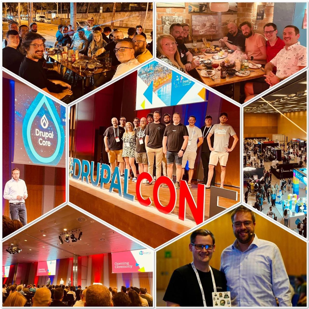 DrupalCon Barcelona 2024 collage: dinner groups, team photo on stage in front of the DRUPALCON letters, Dries presenting Drupal Core, expo hall, pair selfie with Stef