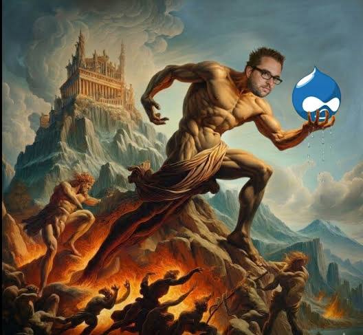 Dries as Prometheus with the Drupal drop
