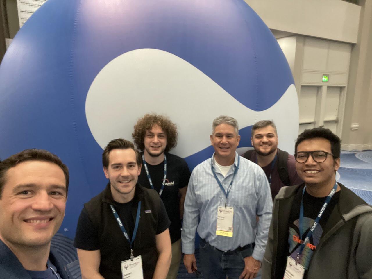 Group selfie in front of the giant inflatable Drupal drop: Frederik, Jeroen, Mattias, Jeremy, plus two others