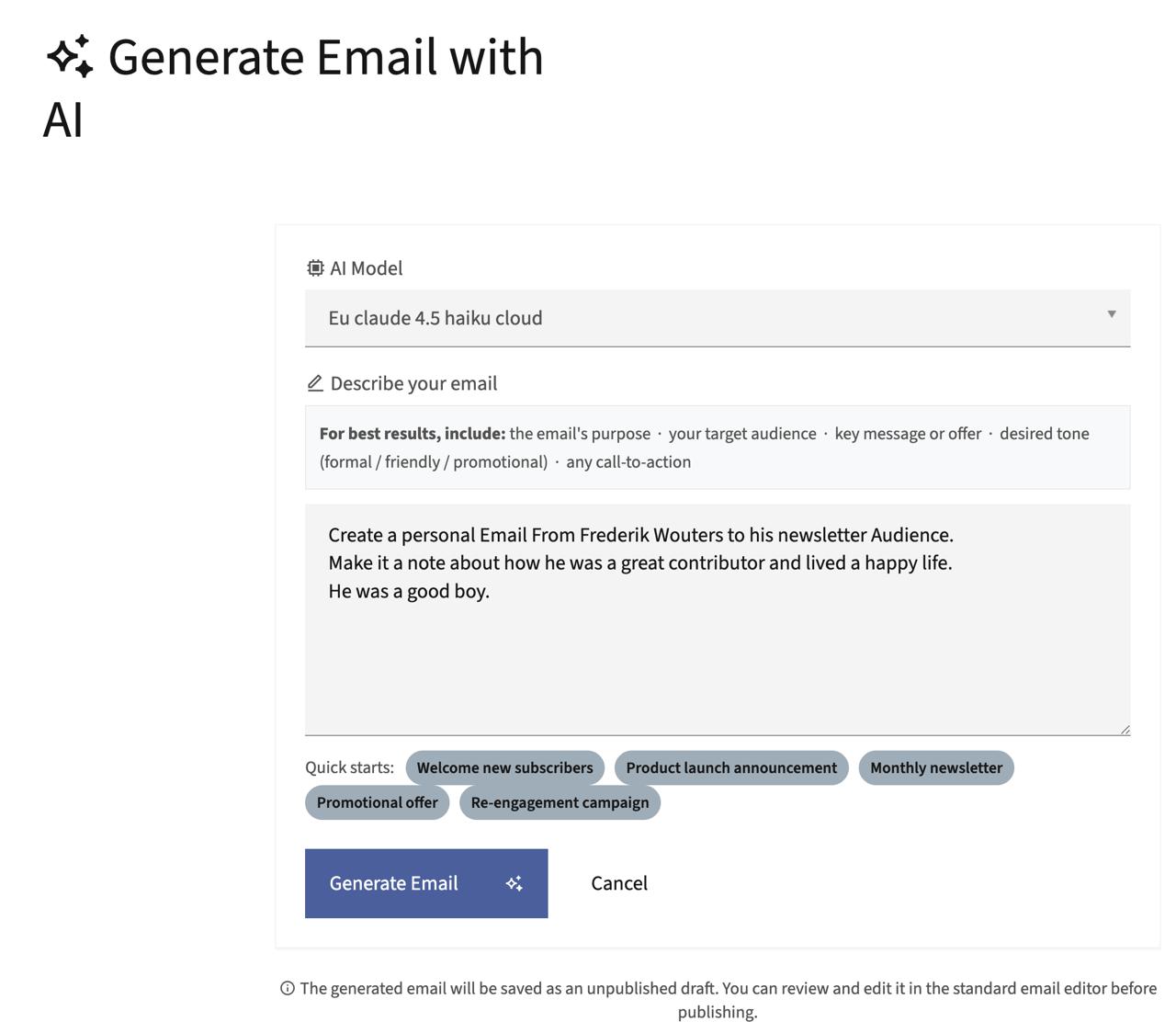 Screenshot of the Mautic AI Email Generator plugin interface, showing a text field where users describe the email they want, with quick start options like welcome new subscribers, product launch announcement, and monthly newsletter